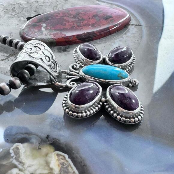 Native American Sterling Turquoise & Spiny Oyster Butterfly Pendant For Women - Picture 3 of 10